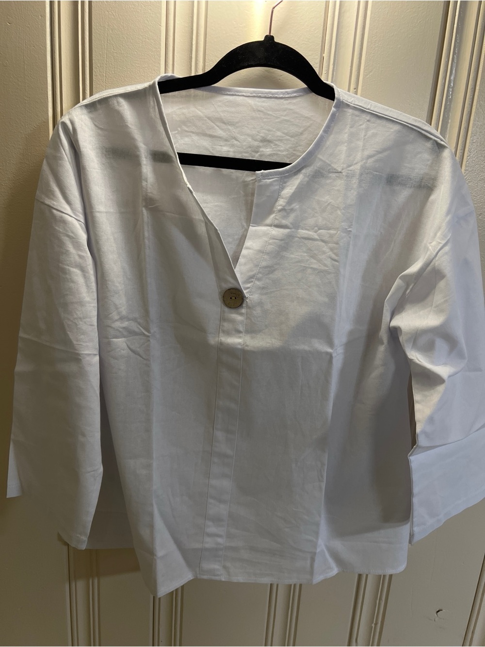 100% Linen White Split V-Neck Top XL Wooden Button Coastal Lagenlook Boxy Blouse